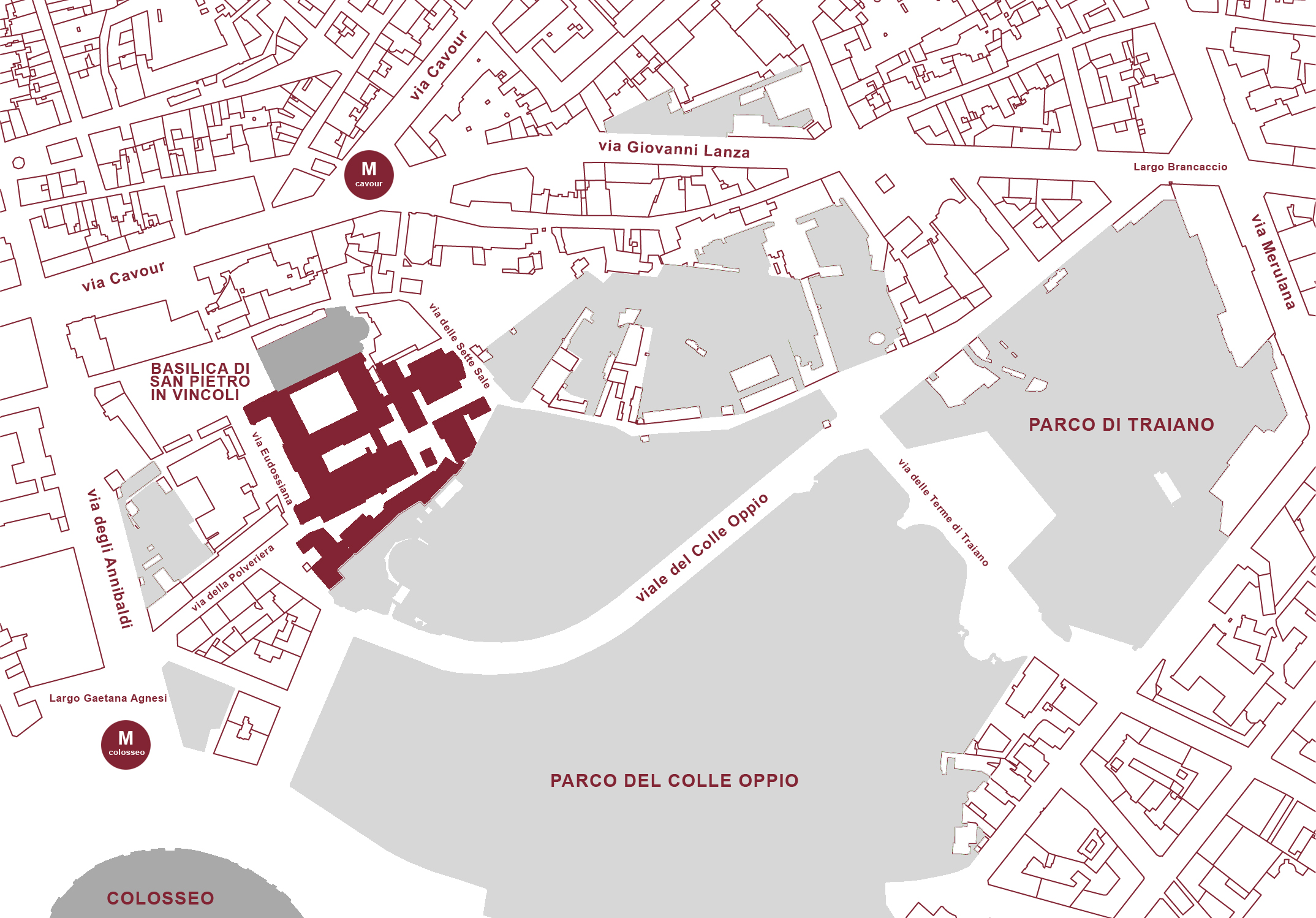 La mappa  mostra la posizione della Facoltà di Ingegneria Civile e Industriale con le vicine stazioni della metropolitana (Cavour e Colosseo). L'immagine evidenzia anche la vicinanza della Facoltà alla Basilica di San Pietro in Vincoli, al Parco del Colle Oppio e di Traiano, nonchè la prossimità al Colosseo.